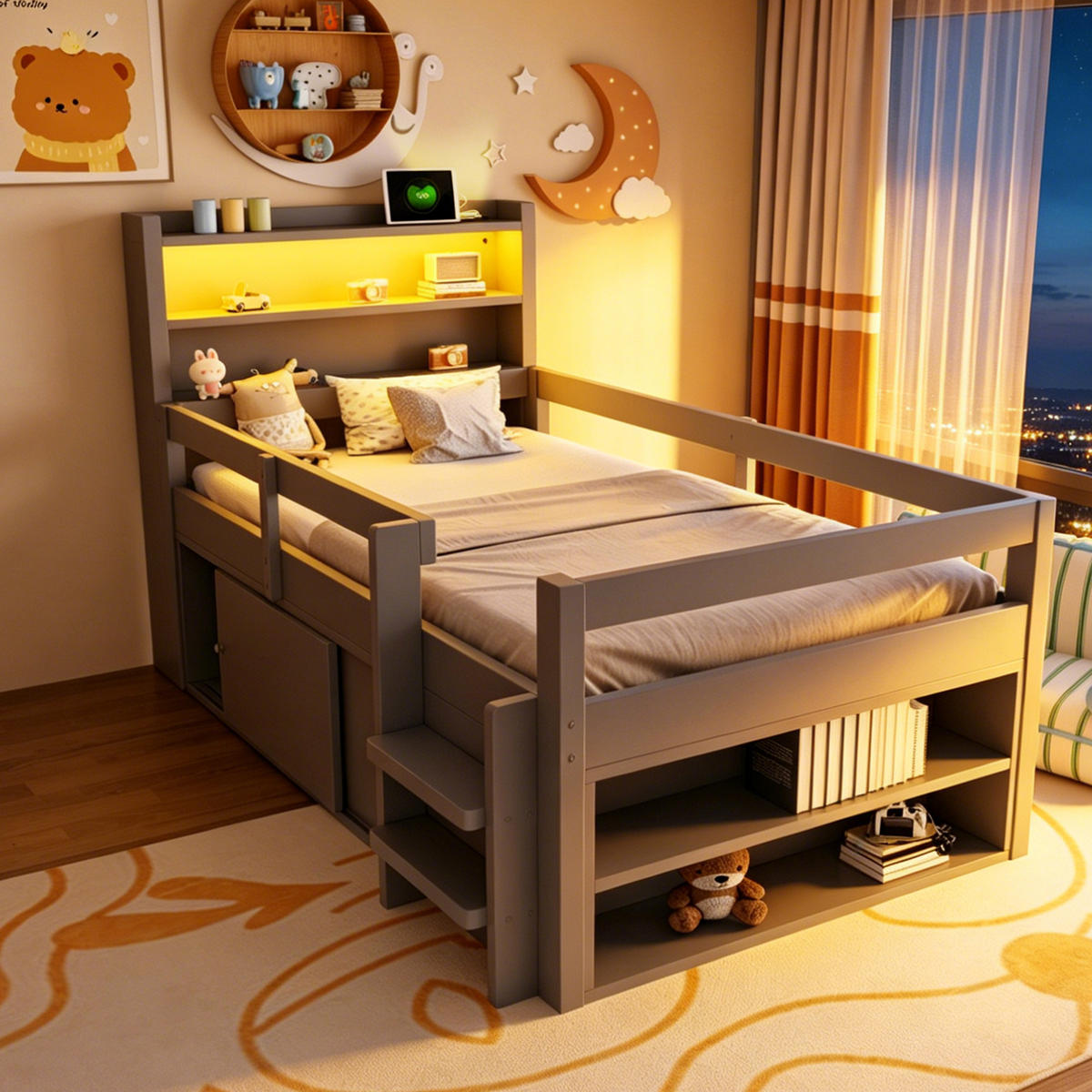 HOCHBETT 90/200 cm in Grau aus Holz mit LED, USB, Stauraum und Schutzgittern - Grau, Holz/Holzwerkstoff (90/200cm) - WISHDOR