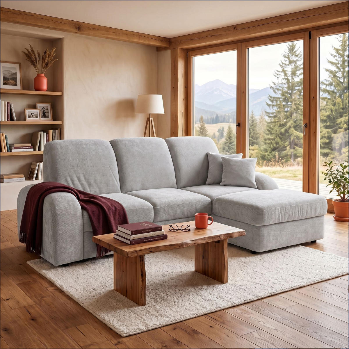 ECKSOFA VIBE S Rechts mit Schlaffunktion 130x202 Chenille Hellgrau - Hellgrau/Schwarz, Holz/Kunststoff (160/250cm) - Muffo