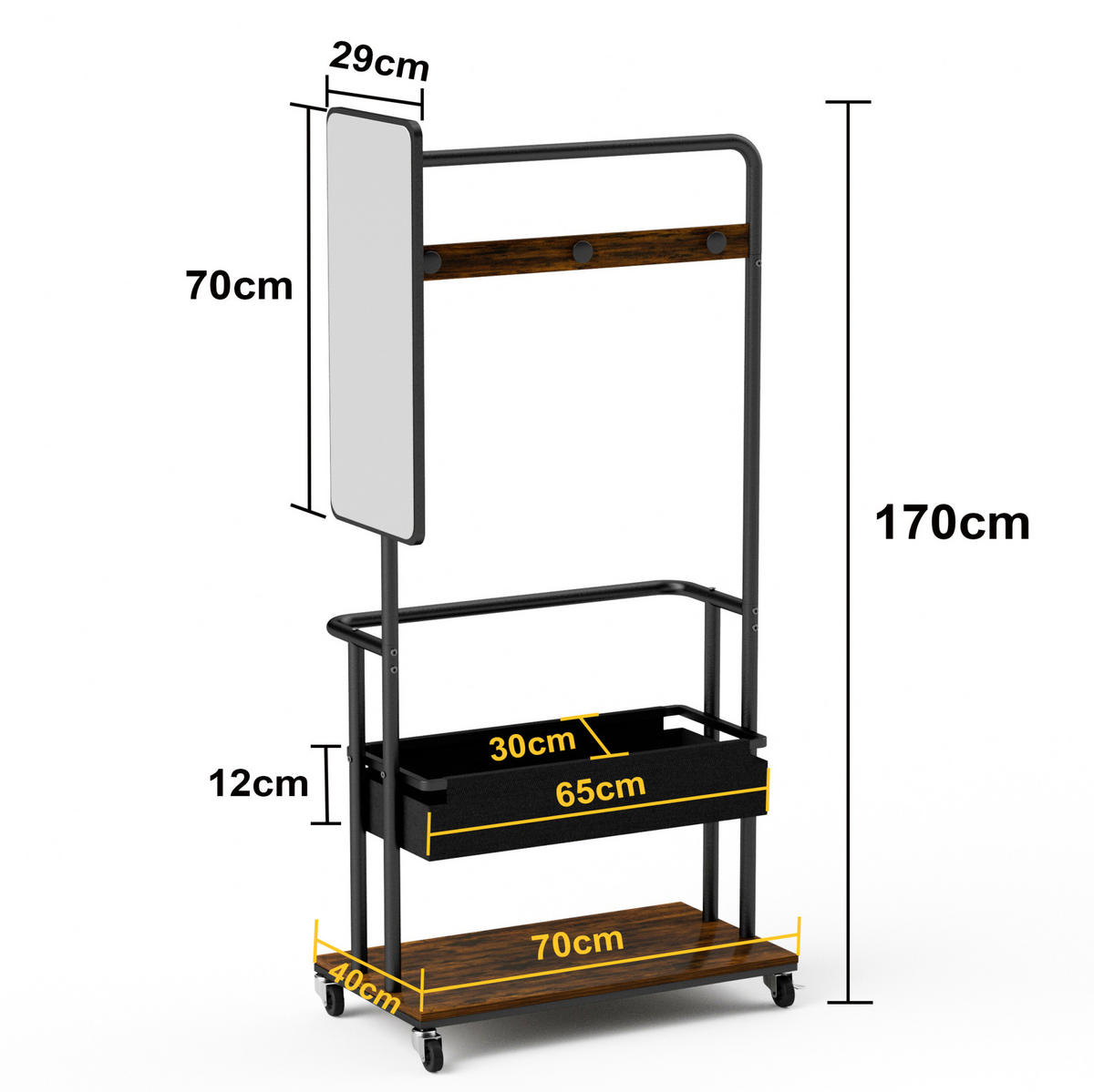 STANDGARDEROBE 70/40/170 cm mit Spiegel, Kleiderstange und Rollen - Schwarz, Holzwerkstoff (70/170/40cm) - BEAOK