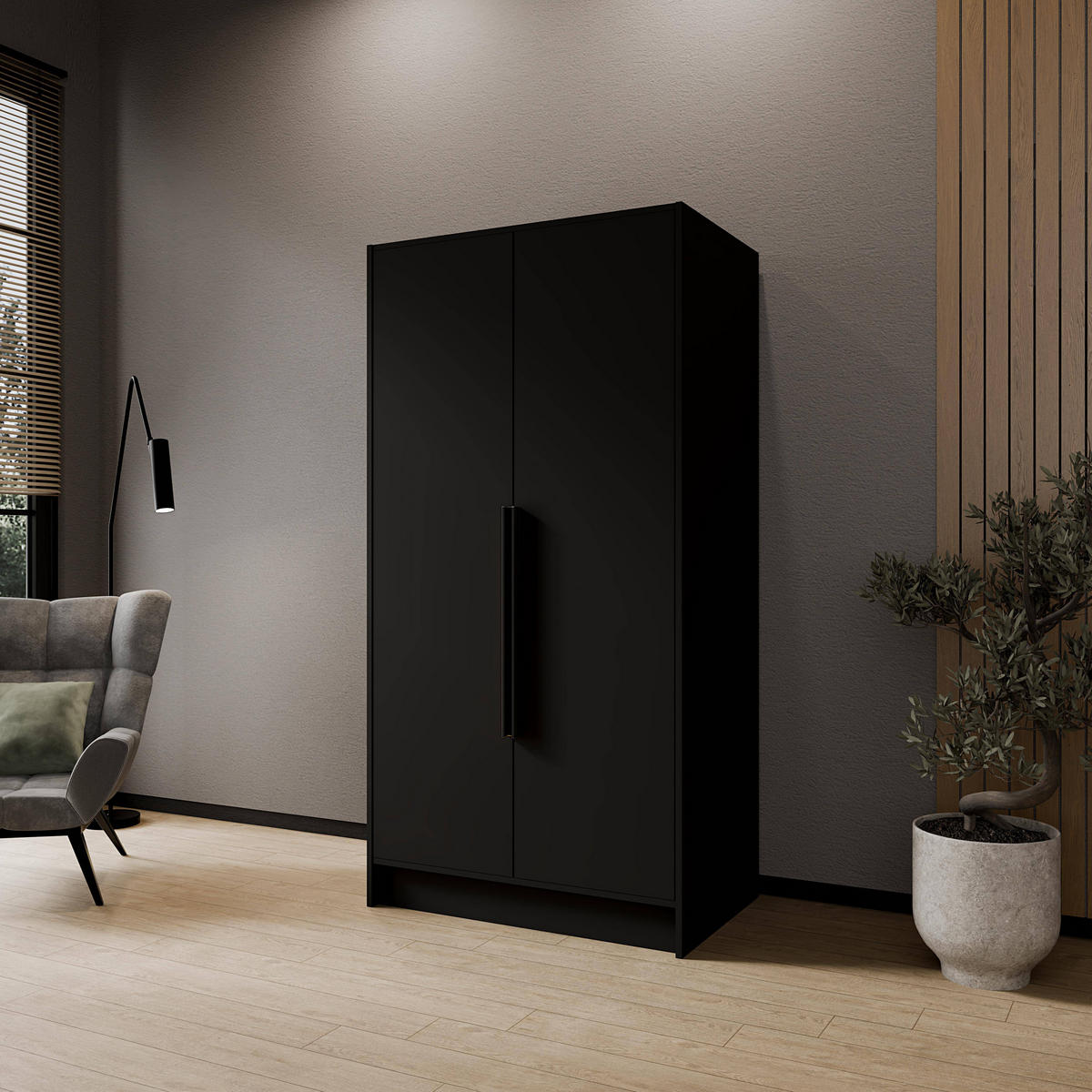 FLÜGELTÜRENSCHRANK PORTO - Schwarz, Holzwerkstoff (102/200/51cm) - Meblini