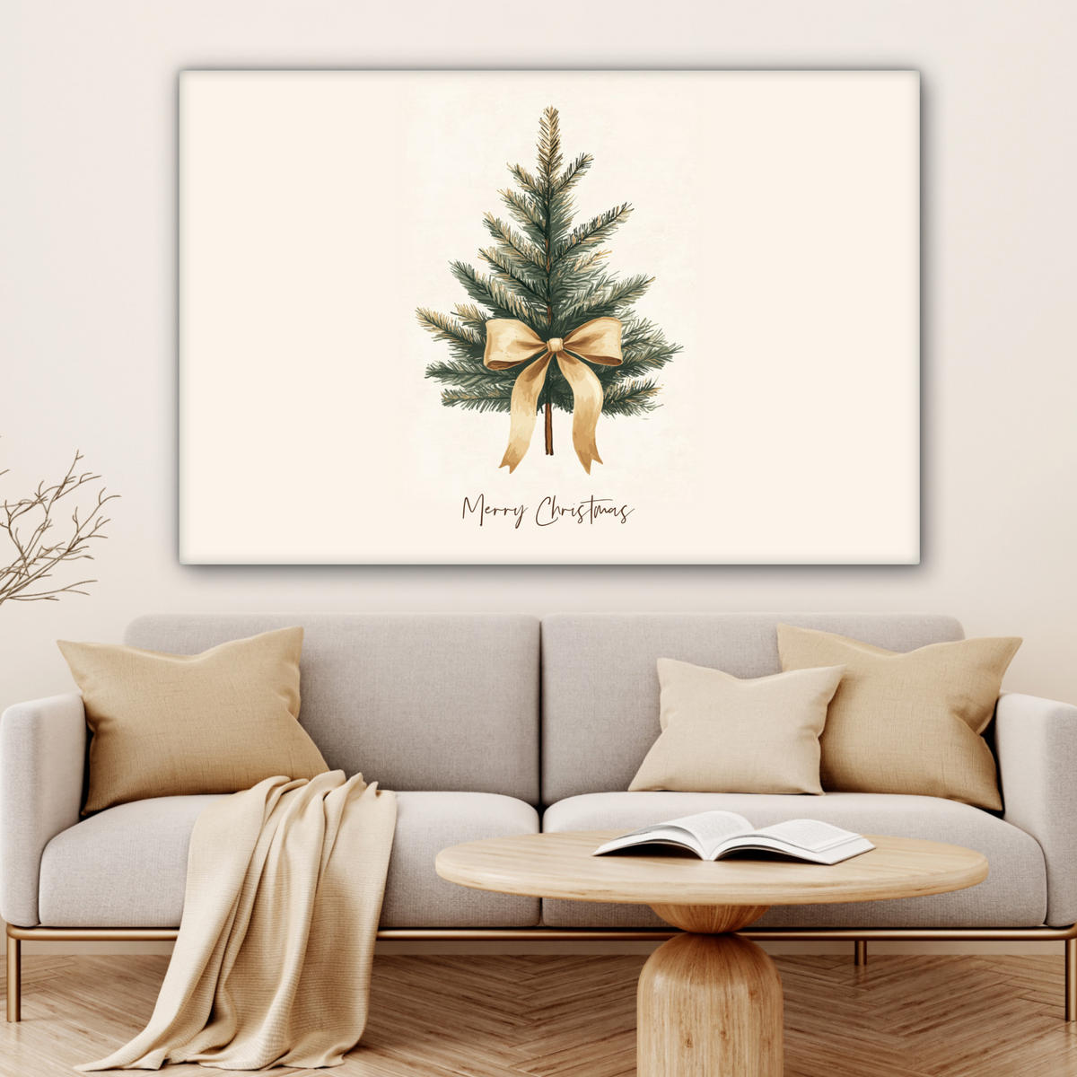 LEINWANDBILD Weihnachtsbaum - Weihnachten - Frohe Weihnachten - Beige Wohnzimmer Groß 120x80 cm - Sandfarben, Textil (120/80cm) - MuchoWow