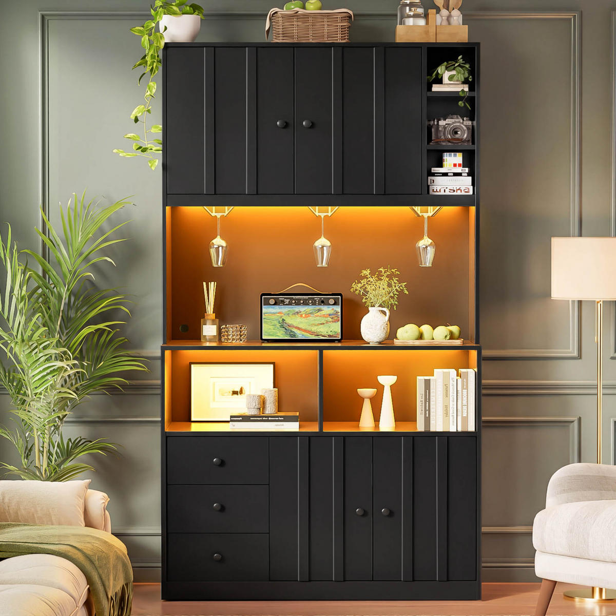 BUFFET 180 cm MDF Schwarz mit RGB-LED, Weinglashalter und Vitrine - Schwarz, Holzwerkstoff (40/180/100cm) - Korfee