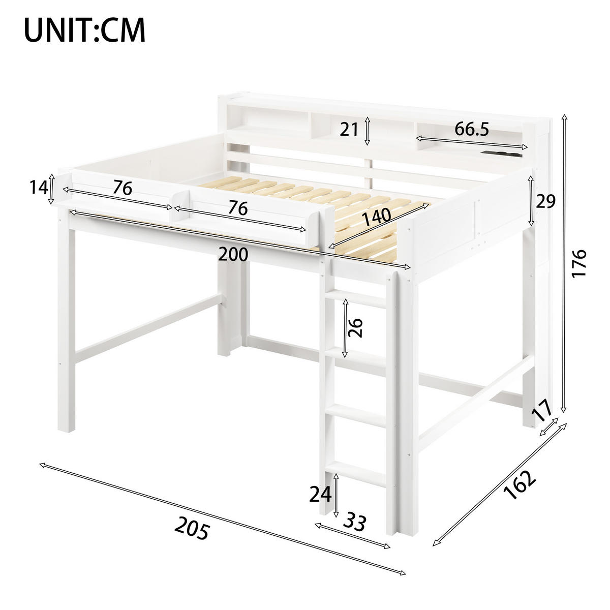 HOCHBETT 140/200 cm in Weiß mit 3 Schränken, LED und USB - Schwarz, Holzwerkstoff (140/200cm) - STILVORA
