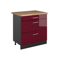 KÜCHENUNTERSCHRANK R-Line, Rot Hochglanz/Anthrazit, 80 cm mit 3 Schubladen Arbeitsplatte Goldkraft Eiche - Anthrazit/Rot, Holzwerkstoff (80/81.6/60cm) - Vicco
