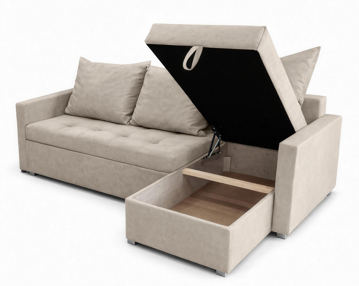 ECKSOFA Universelle L Form Elif Beige 220/140/85 cm stilvolle mit Schlaffunktion - Beige/Silberfarben, Kunststoff/Textil (220/140cm) - AX Living