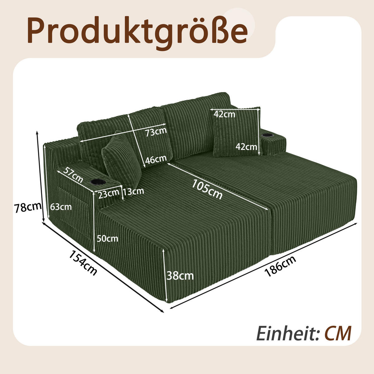 SCHLAFSOFA 186/154/78 cm Grün Cord mit seitlicher Magazintasche und Getränkehalter - Grün, Textil (186/78/154cm) - Oxeza