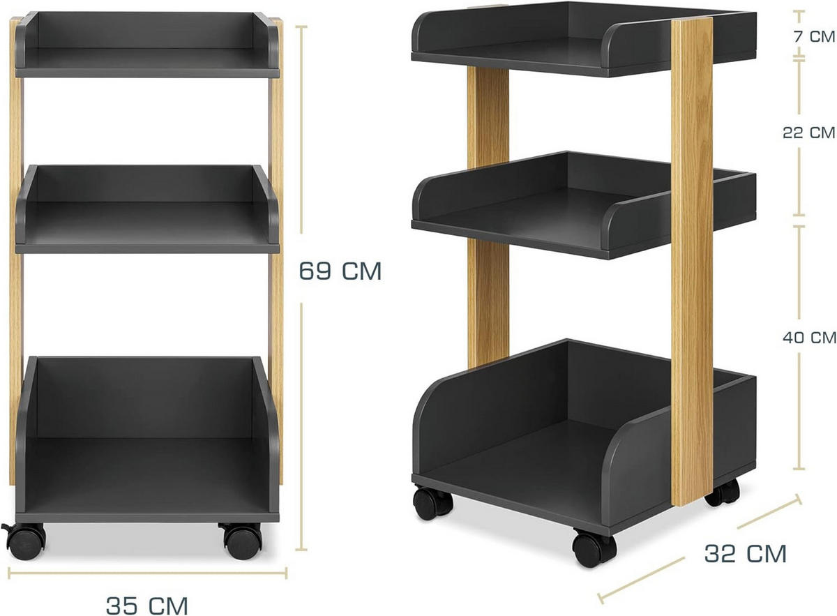 ROLLWAGEN Bosse Anthrazit-Eiche - Anthrazit/Multicolor, Holz/Holzwerkstoff (32/69/35cm) - BoMoe