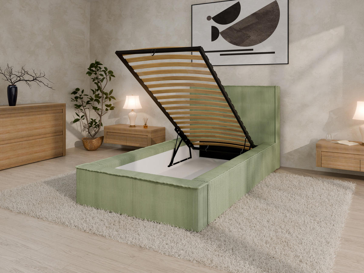 POLSTERBETT SANA 90x200cm Elegantes Polsterbett für modernen Wohnstil , 7-Zonen-Taschenfederkernmatratze mit kokos ARLAN (21 cm), Currygelb - Grün, Holz (90/200cm) - Panda Möbel