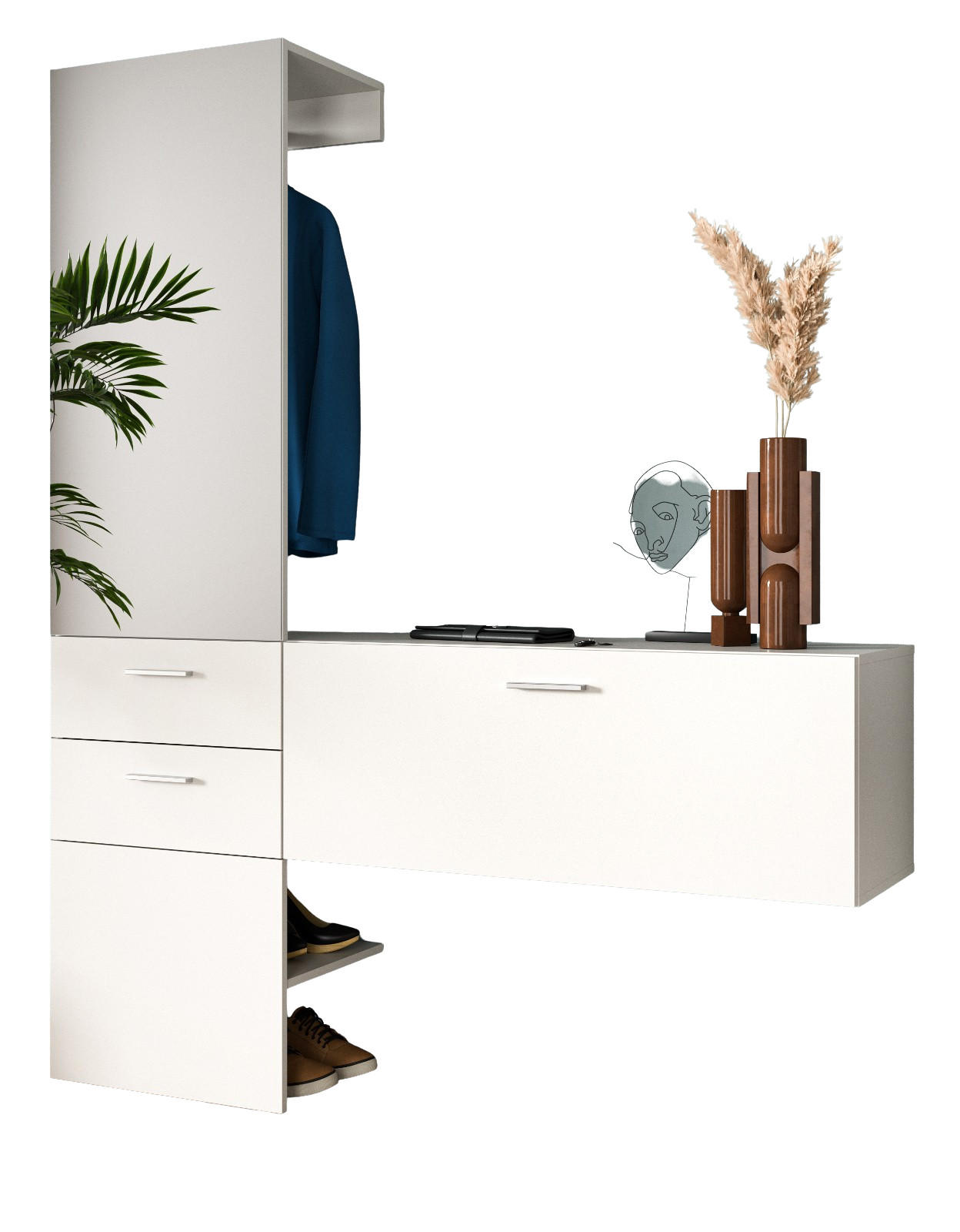 GARDEROBE Set weiß 156 cm, Komplettset 2-teilig mit Spiegel - Silberfarben/Weiß, Glas/Holzwerkstoff (156/190/36cm) - Inn.Furn