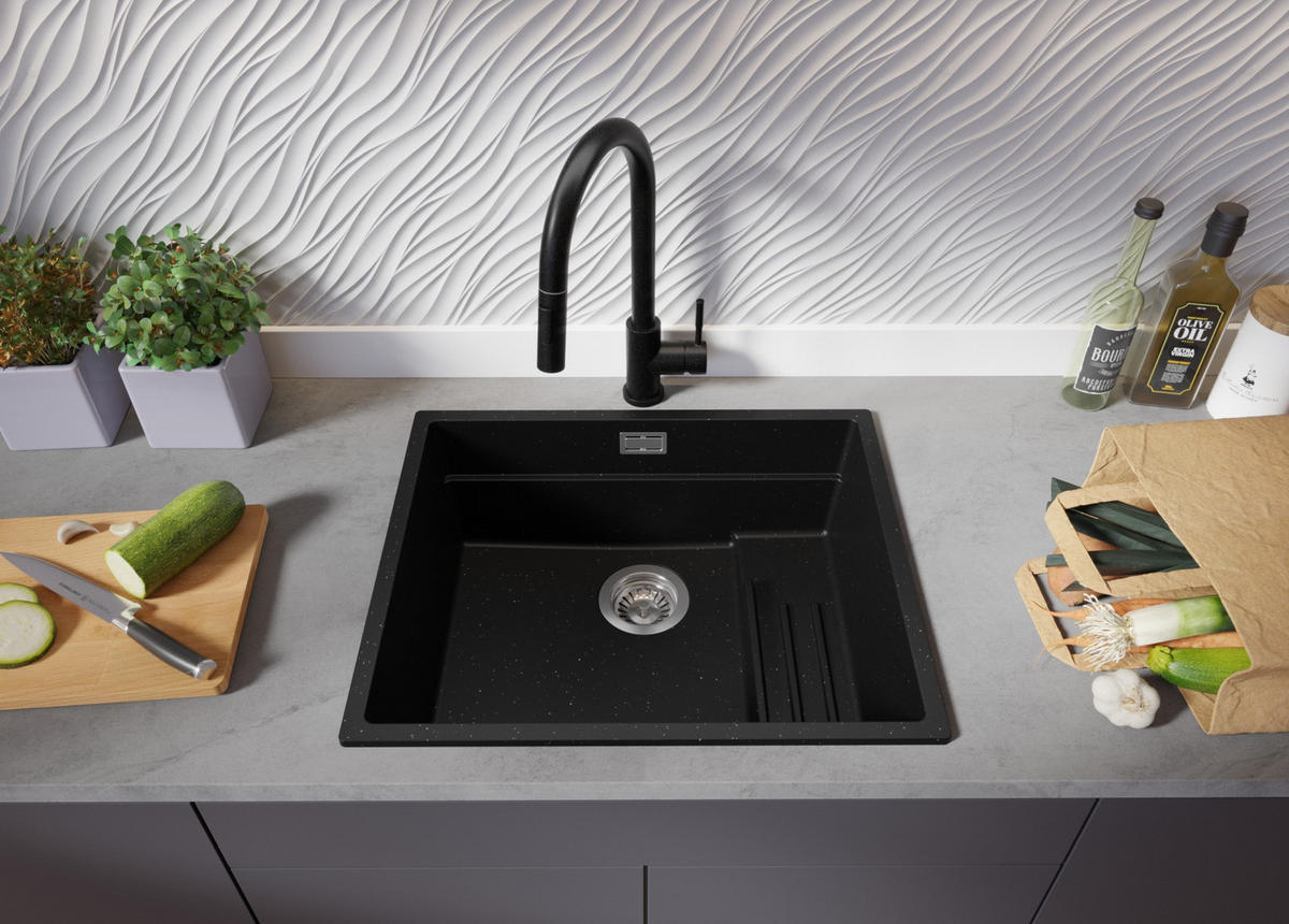 SPÜLBECKEN Praga Slim, 2-er set Schwarz Metallic 56/47 cm 1 Becken + Ablauf-Set + Aufrollbare Abtropffläche ab 60er Unterschrank - Chromfarben/Schwarz Hochglanz, Kunststoff (56/20/47cm) - Primagran