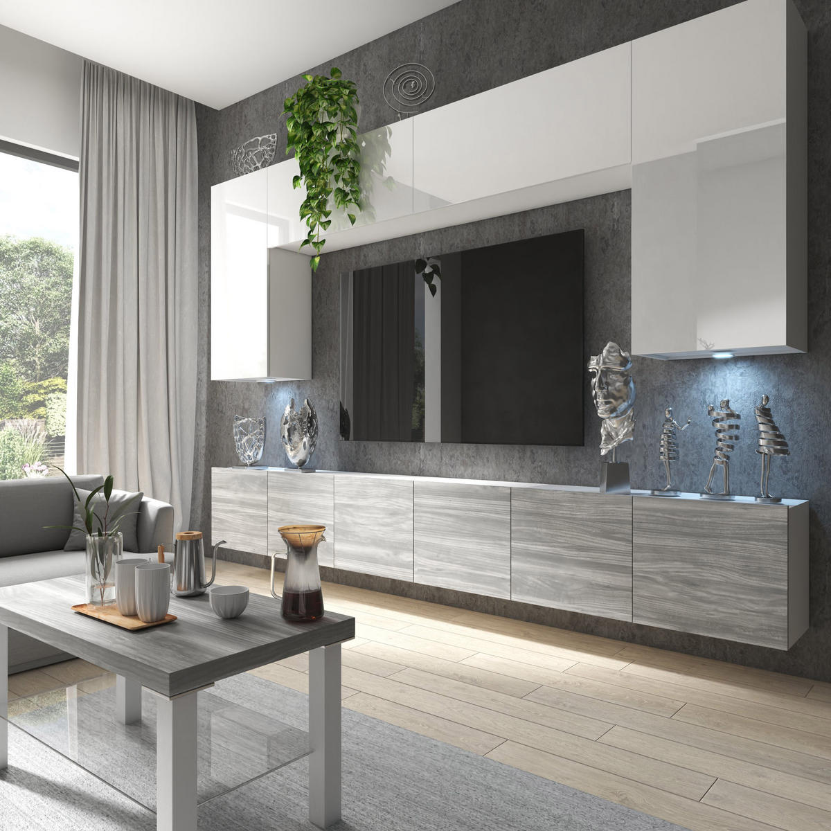 WOHNWAND Milano 2, Weiß Hochglanz/Grau Matt, 300 cm, Grifflos - Weiß, Holz (300/155/36cm) - B BELINI GROUP