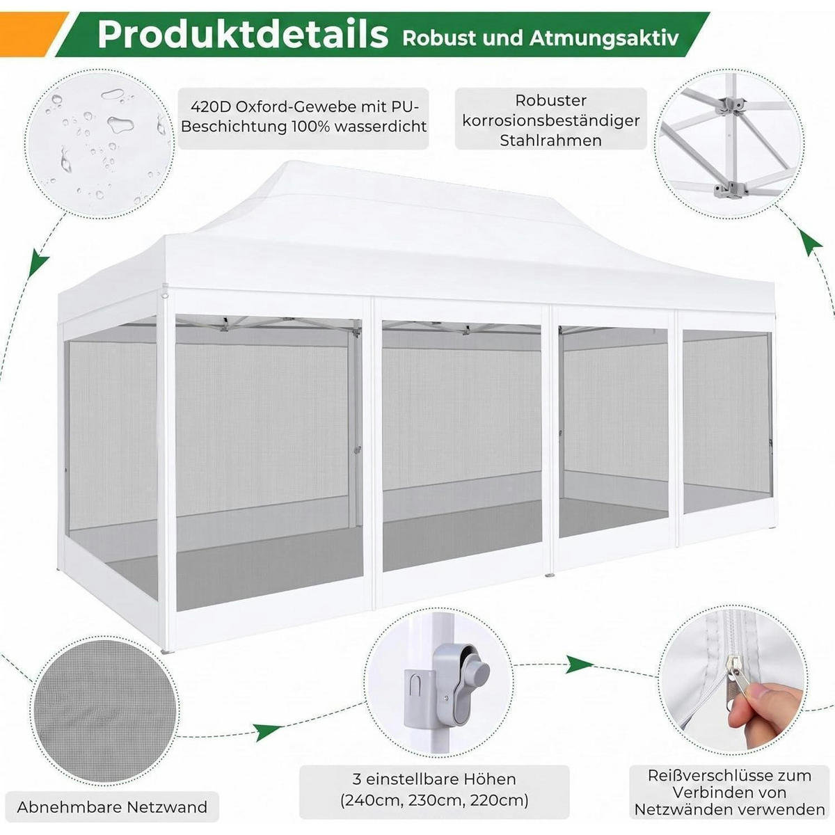 FALTPAVILLON 3x6m Wasserdicht mit 6 Seitenwänden Weiß - Weiß, Textil (300/335/600cm)
