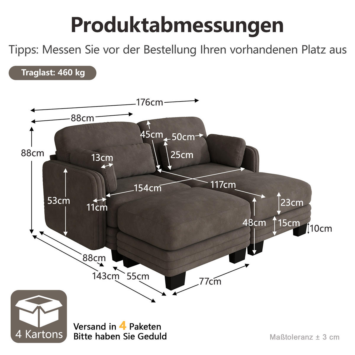 2-SITZER-SOFA mit 2 Ottomanen, DE-42686, Braun - Braun, Holz (176/88/143cm) - ComfortXL