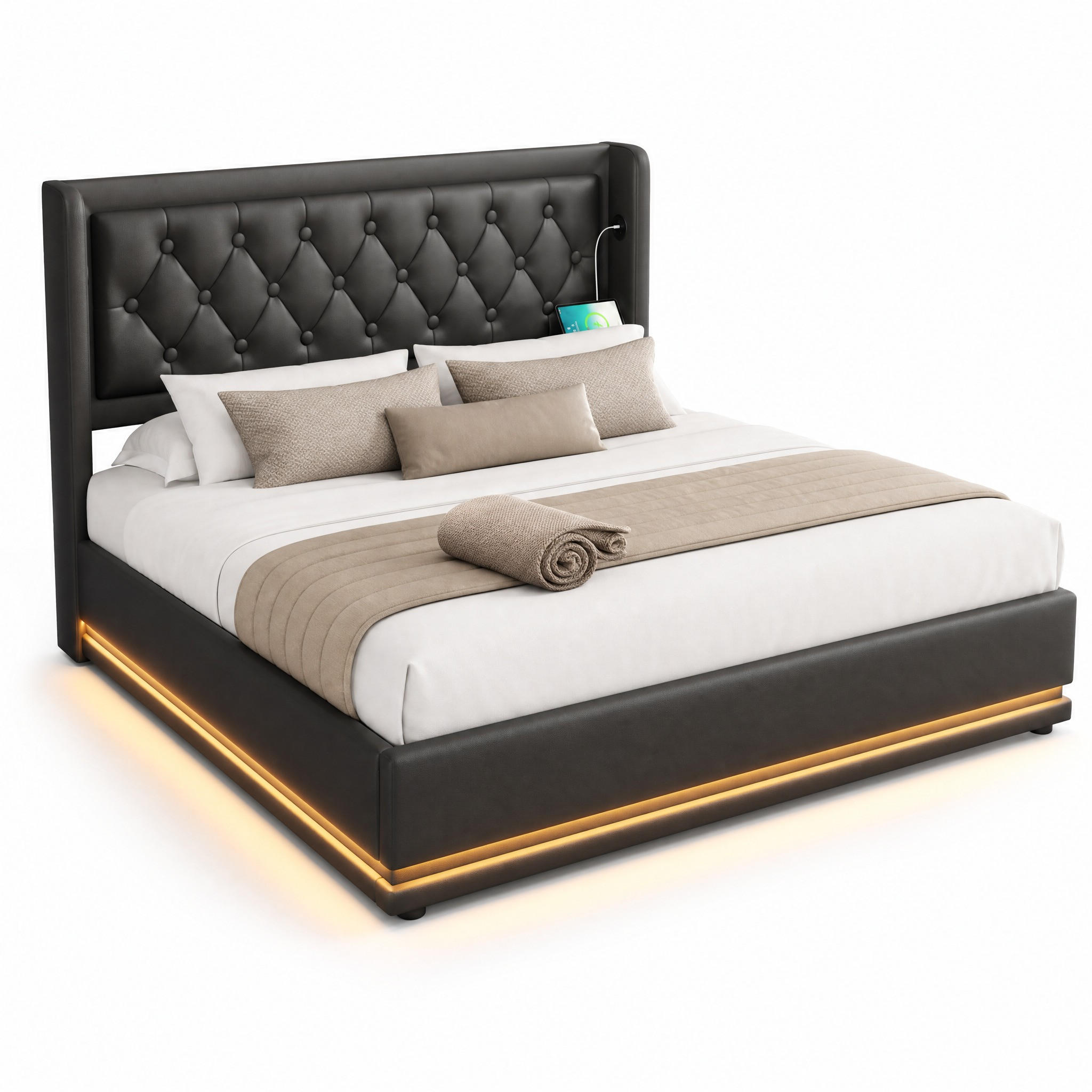 POLSTERBETT 180/200 mit Bettkasten, LED und USB in Schwarz - Schwarz, Holzwerkstoff/Textil (180/200cm) - EVRYAE