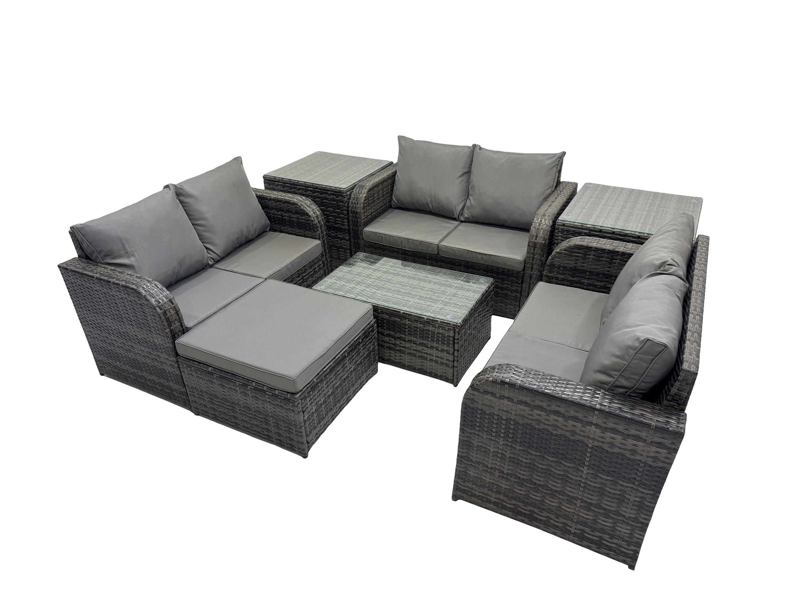 GARTENMÖBELGARNITUR mit KISSEN Polyrattan Dunkelgrau 7-Sitzer - Dunkelgrau/Grau, Glas/Kunststoff - Fimous
