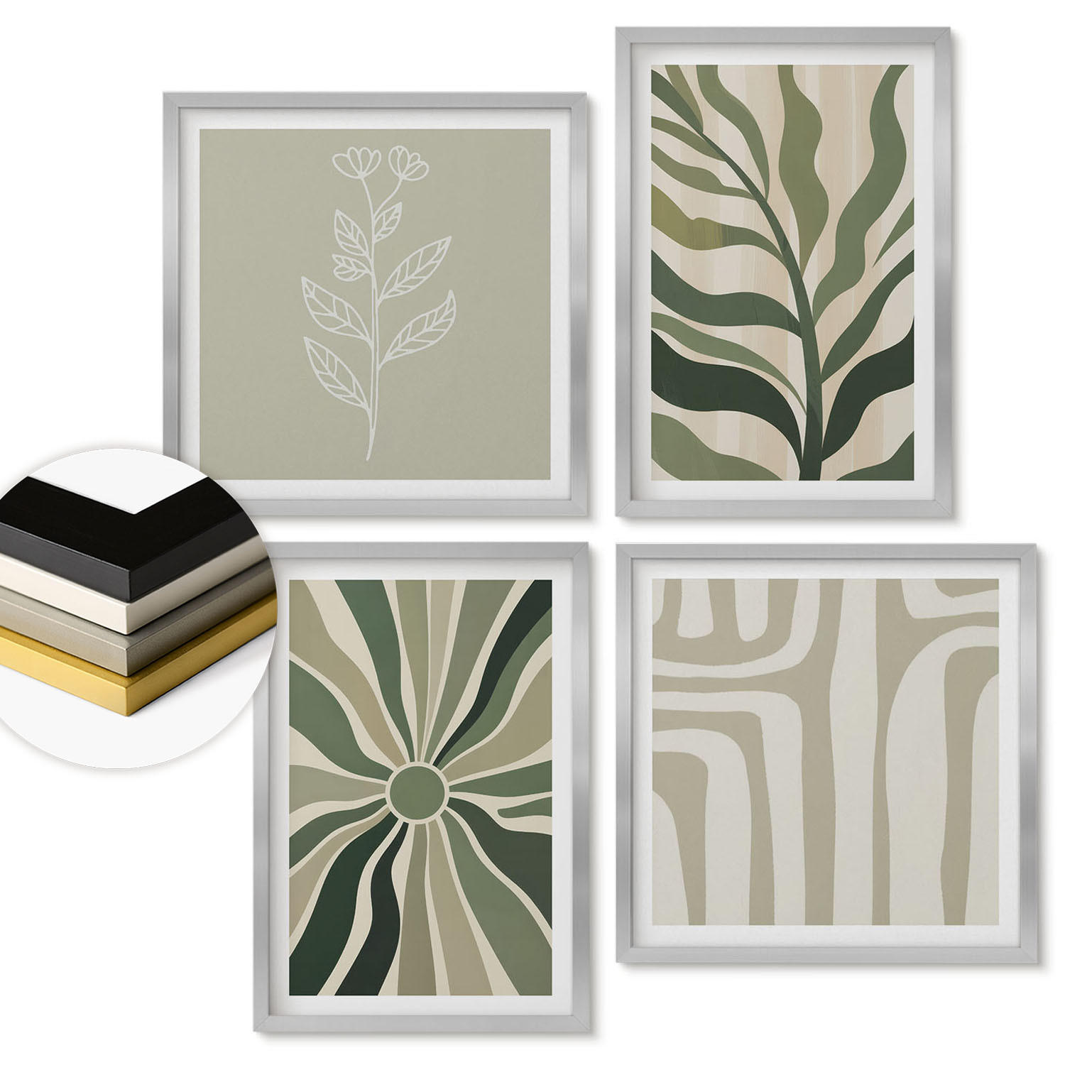 WANDBILDER 4er Set - 50x50 cm & 40x60 cm Silberner Rahmen - Pflanzenmuster grüner Minimalismus - Silberfarben, Kunststoff (50/50cm) - ArtPrintCave