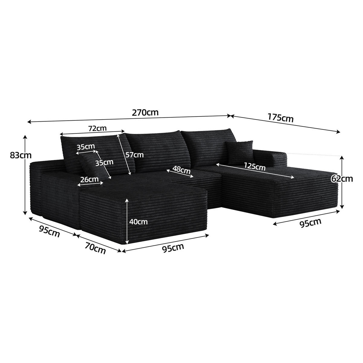 WOHNLANDSCHAFT DE-34857 U-Form 2-Sitzer Chaiselongue rechts Schwarz - Schwarz, Textil (175/83/270cm) - ComfortXL