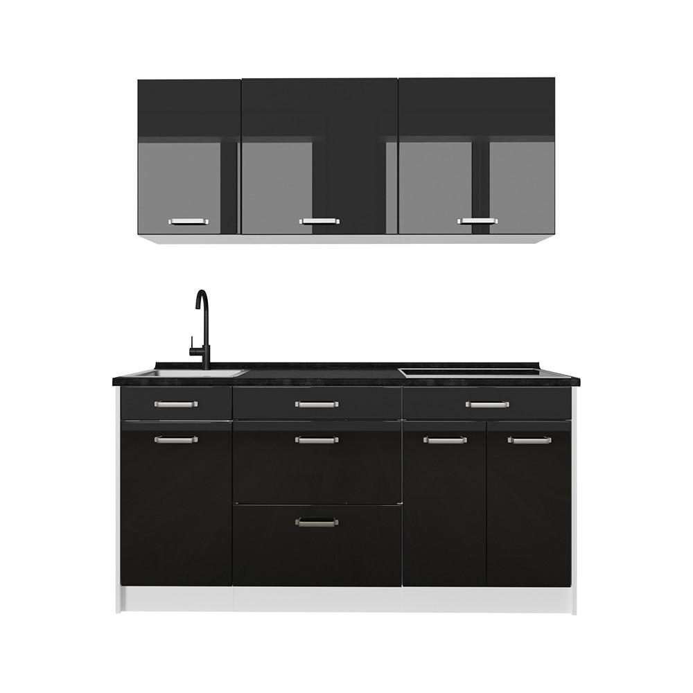 SINGLEKÜCHE R-Line, Schwarz Hochglanz/Weiß, 160 cm Arbeitsplatte Anthrazit - Schwarz Hochglanz/Weiß, Holzwerkstoff (160/81.6/60cm) - Vicco