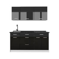 SINGLEKÜCHE R-Line, Schwarz Hochglanz/Weiß, 160 cm Arbeitsplatte Anthrazit - Schwarz Hochglanz/Weiß, Holzwerkstoff (160/81.6/60cm) - Vicco