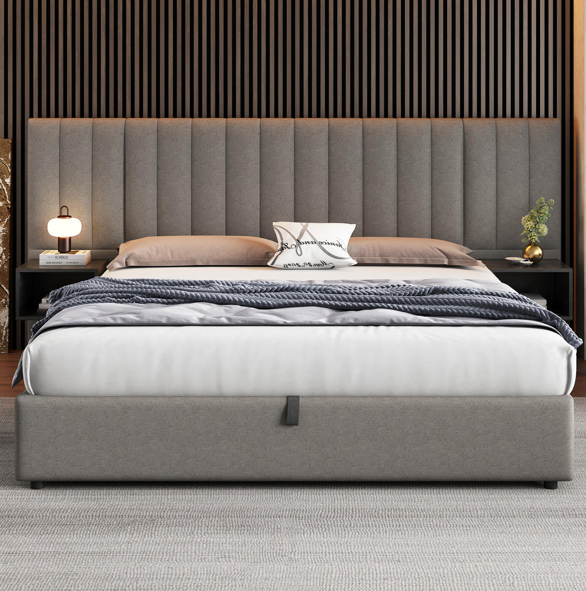 BETT mit Stauraum 180x200 cm Leinen Grau-Schwarz mit 2 Nachttischen - Grau, Metall (180/200cm) - Meubliv