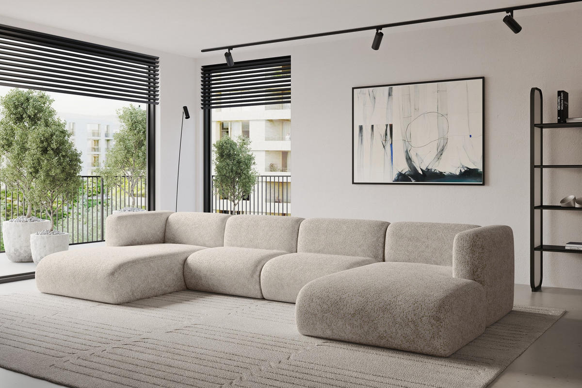 WOHNLANDSCHAFT MIRA-U2 408x179x70 Beige Velours - Beige/Schwarz, Holzwerkstoff/Kunststoff (408/70/179cm) - ALTDECOR