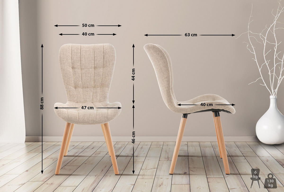 STUHL 2er Set Stoff creme - Eukalyptusholzfarben/Creme, Holz/Textil (50/88/63cm) - CLP