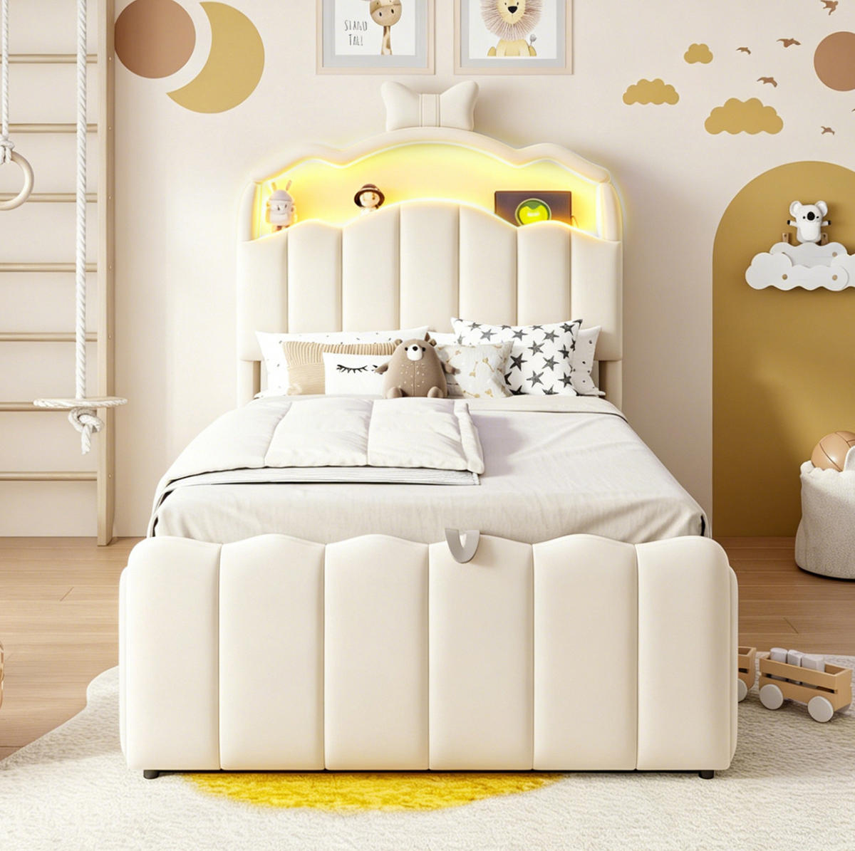 KINDERBETT 90x200 cm in Beige mit LED-Beleuchtung, Stauraum und USB-Anschlüssen - Beige, Textil (90/200cm) - IVMEU