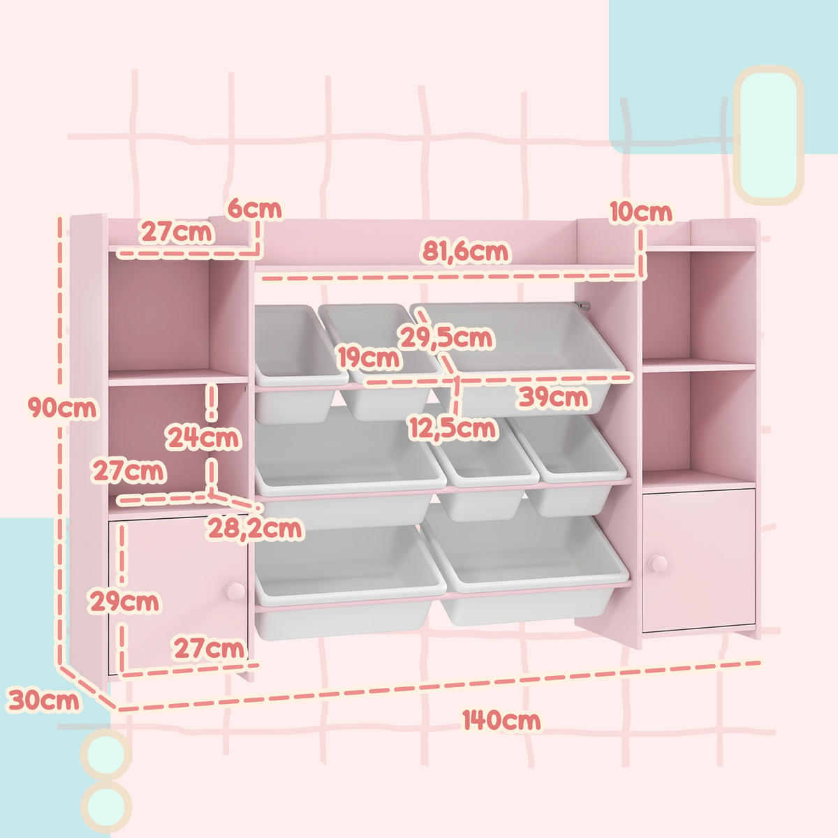 KINDERREGAL, Spielzeugregal mit 8 herausnehmbaren Aufbewahrungsboxen, Rosa - Rosa/Weiß, Holzwerkstoff/Kunststoff (30/90/140cm) - AIYAPLAY