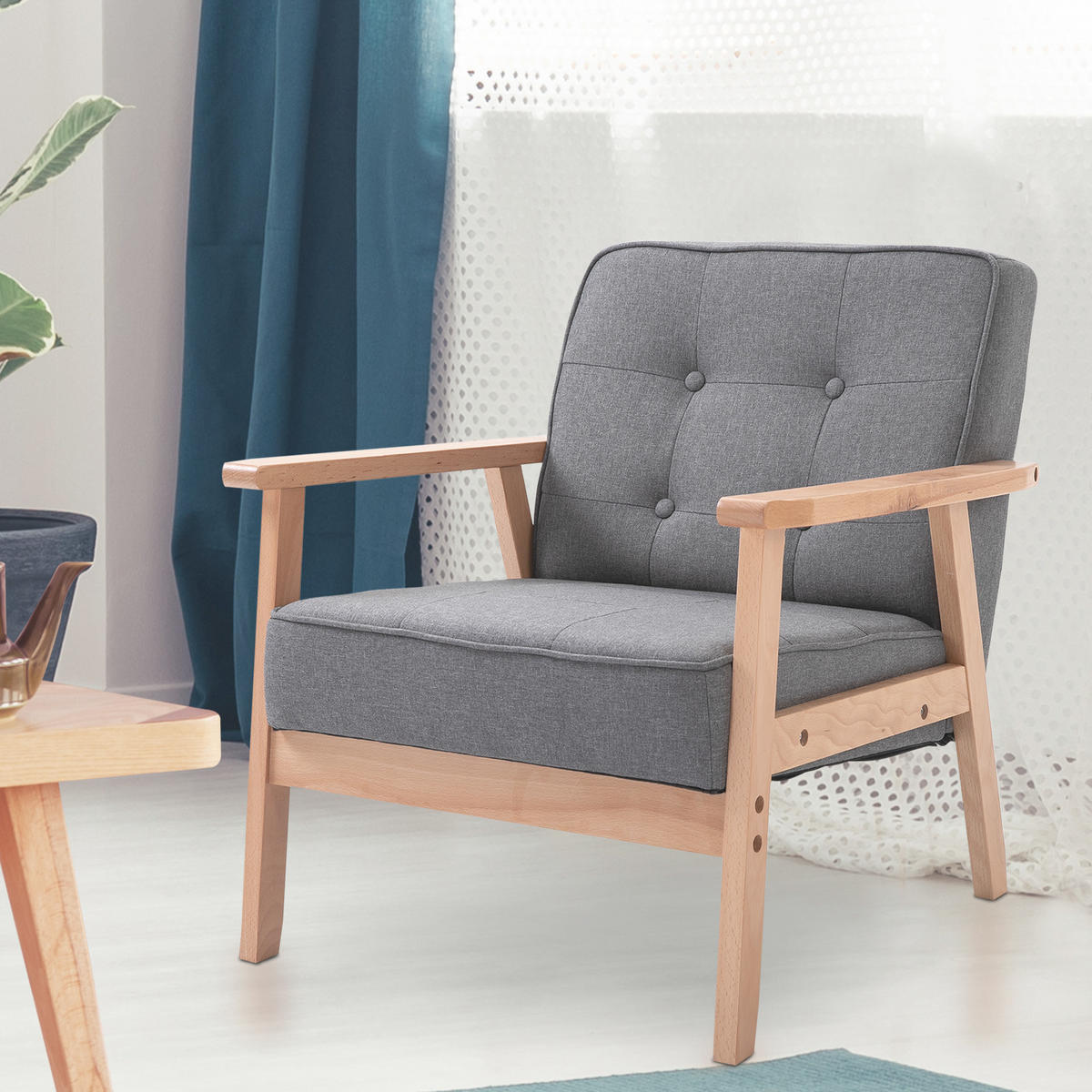 ENKELFÅTÖLJ, loungefåtölj, linne, grå - Grå, Trä/Plast (70/74/64.5cm) - HOMCOM