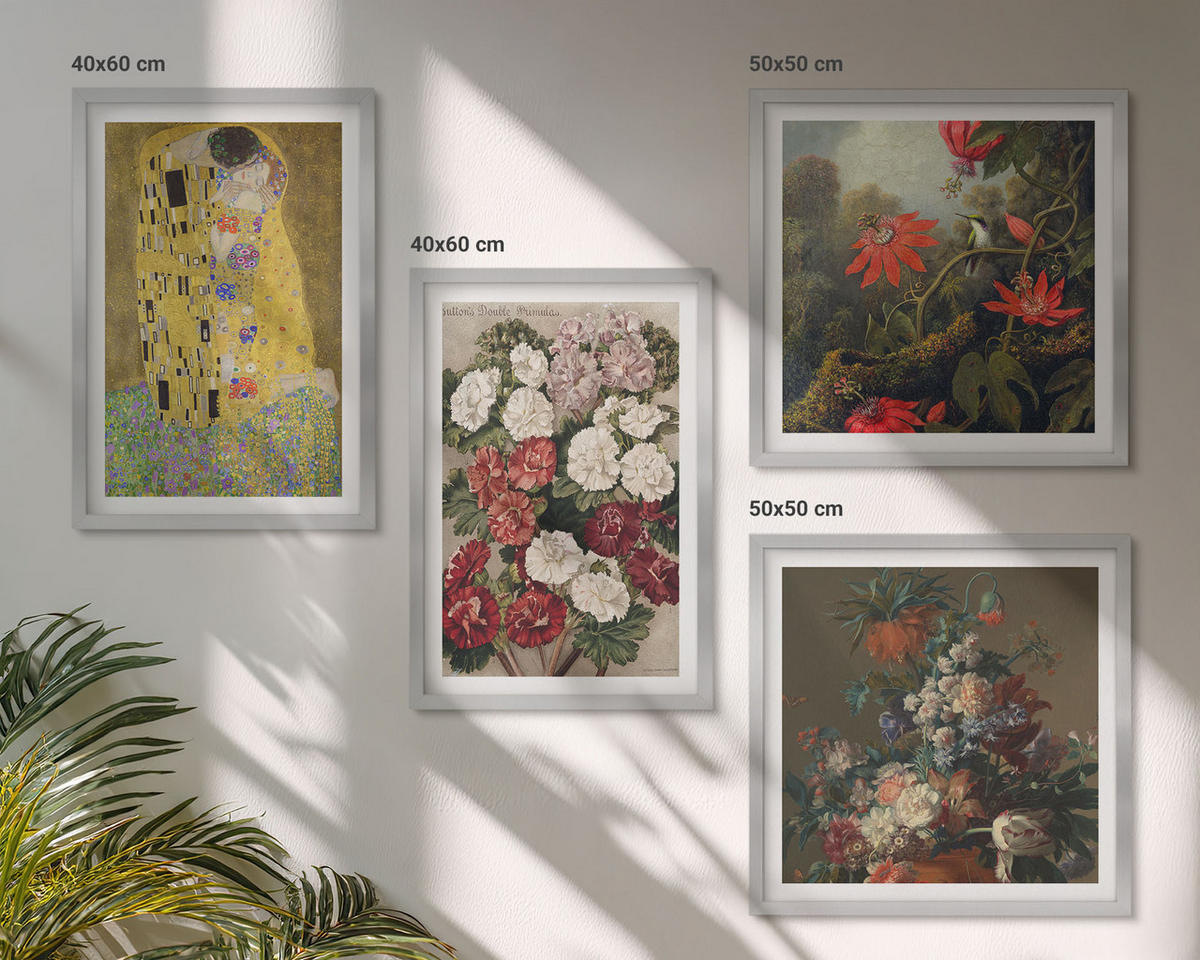 BILDER SET 4er Set - 50x50 cm & 40x60 cm Silberner Rahmen - Blumen des Baumes (Gemälde von Klimt) - Silberfarben, Kunststoff (50/50cm) - TULUP