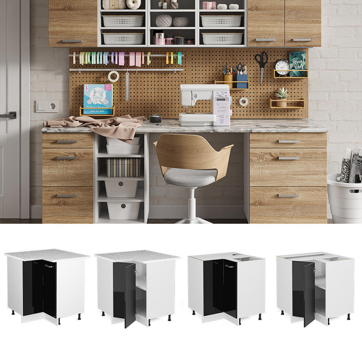 ECKSCHRANK FÜR HAUSRAT R-Line Schwarz Hochglanz 75.6 cm mit Tür, mit Arbeitsplatte - Schwarz Hochglanz/Weiß, Holzwerkstoff (75.6/81.6/60cm) - Vicco