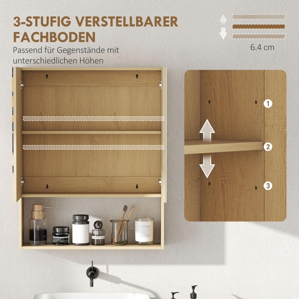 BADEZIMMER Hängeschrank 60x16.6x75 cm Eiche mit Doppelspiegel & verstellbarem Regal - Eichefarben, Glas (60/75/16.6cm) - Modfu