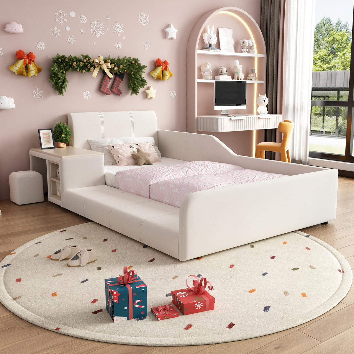 KINDERBETT 90/200 cm in Weiß Samt mit Schreibtisch, Hocker und Ablageboden - Weiß, Holzwerkstoff/Textil (90/200cm) - WISHDOR