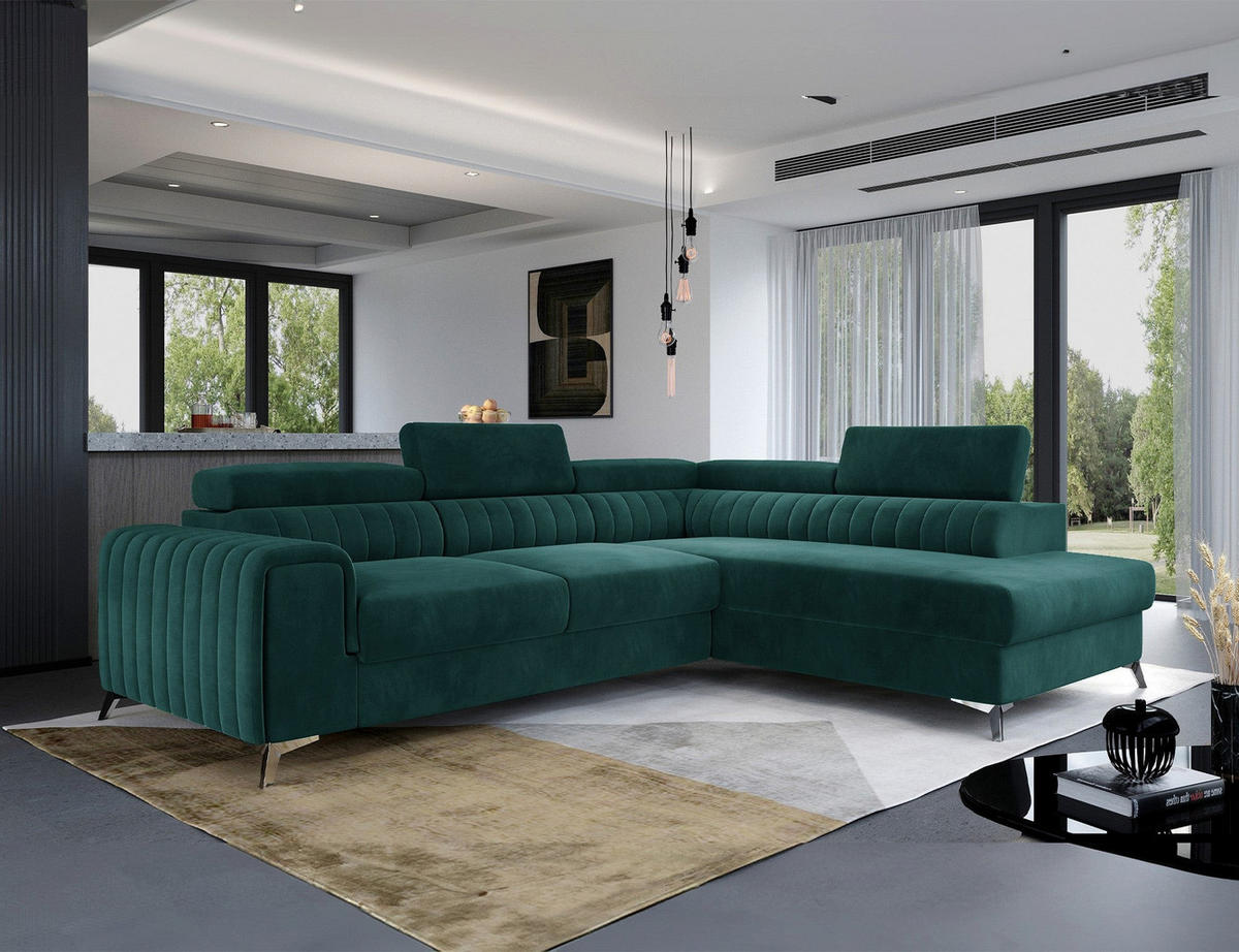 ECKSOFA Laurence mit Schlaffunktion & Bettkasten – 278 x 205 cm, verstellbare Kopfstützen - Grün, Kunststoff (278/205cm) - Wohnideebilder