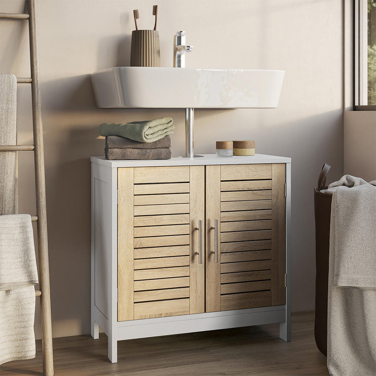 WASCHBECKENUNTERSCHRANK Looma Weiß/Eiche 60 x 60 cm mit 2 geschlossenen Fächern - Weiß, Holzwerkstoff (60/60/29.6cm) - Vicco