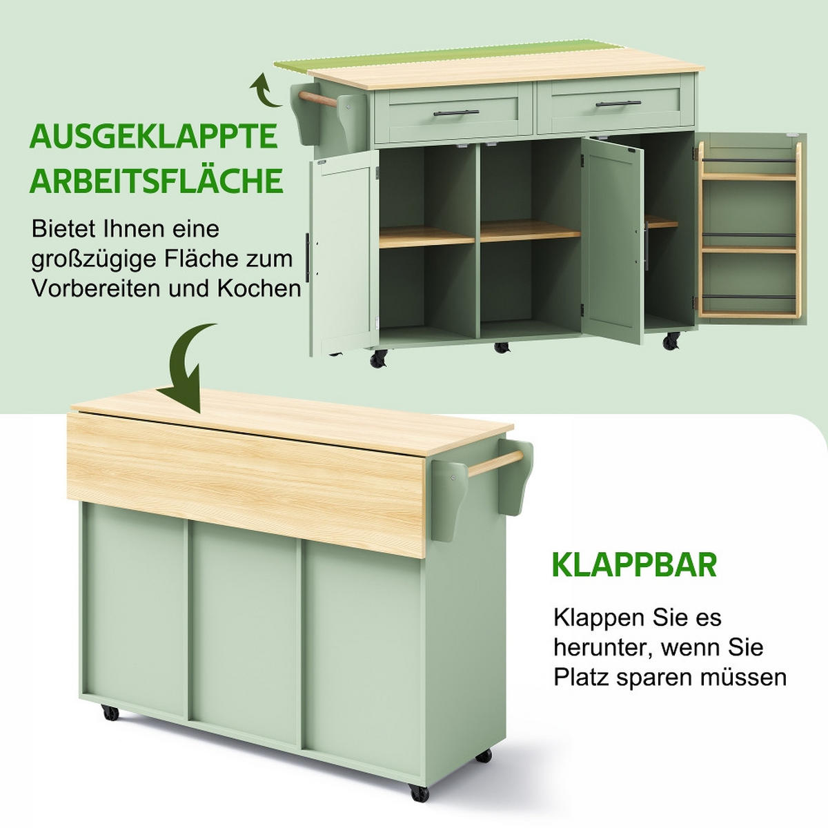 KÜCHENINSEL KLAPPBARE ARBEITSPLATTE Massivholz Grün 129/71/91,5 cm - Grün, Kunststoff (46/91.5/120cm) - Rolipo