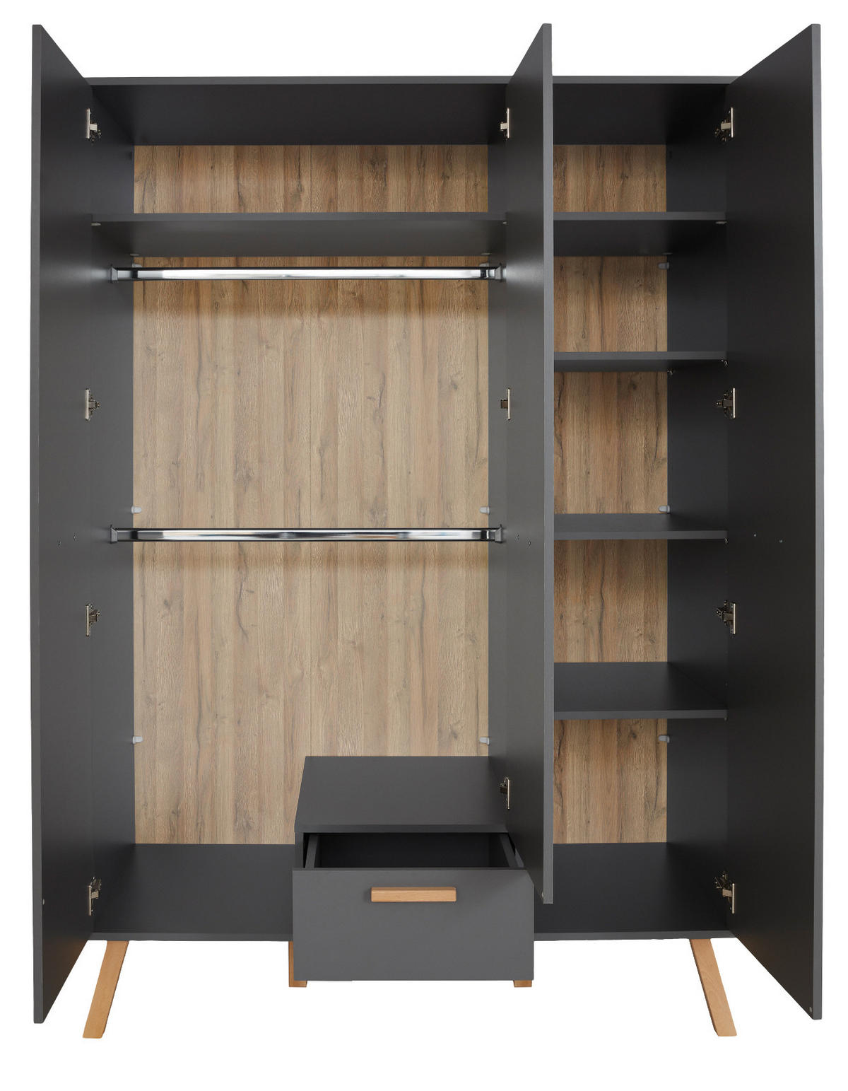 KLEIDERSCHRANK grau matt mit Buche massiv, 3-türig 130 x 190 cm für Baby- und Kinderzimmer - Eichefarben/Buchefarben, Holz/Holzwerkstoff (60/190/130cm) - Top.Furn