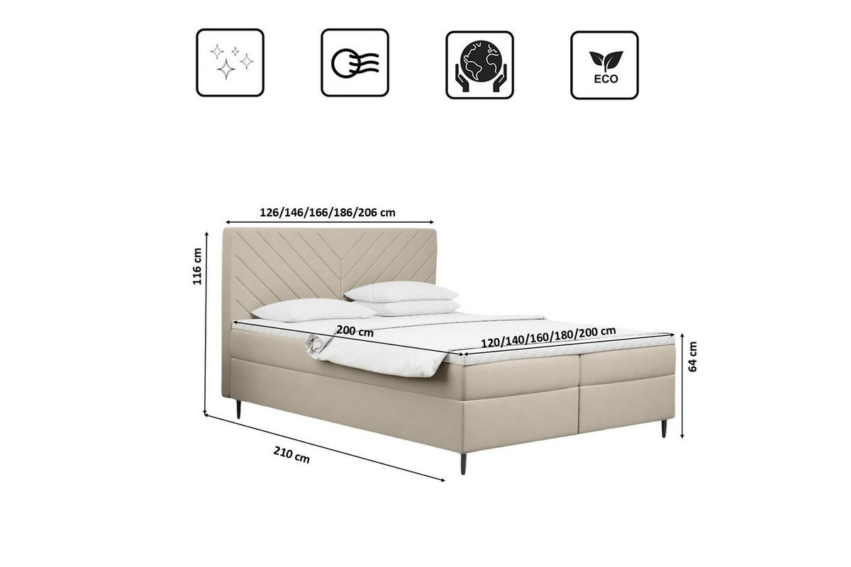 BOXBETT Mit Bettkasten Und Matratze + Topper RUGIA Stoff Velvet Ecru 180x200 cm H3-Bonell - Ecru/Schwarz, Holz/Textil (186/200cm) - Kaiser Möbel