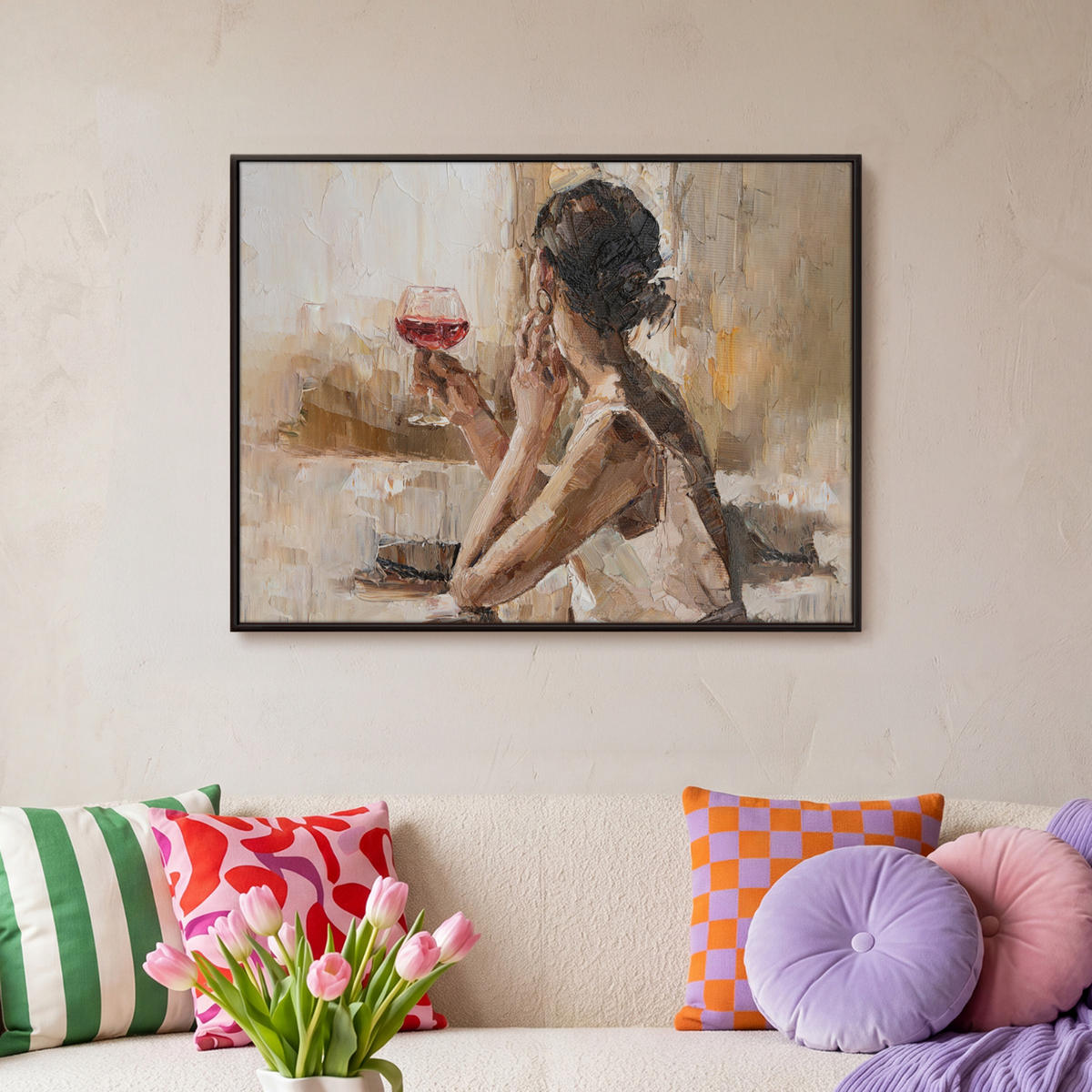LEINWAND Bilder mit Rahmen - Ölgemälde - Frau - Wein - 80x60 - Hellbraun, Textil (80/60cm) - MuchoWow