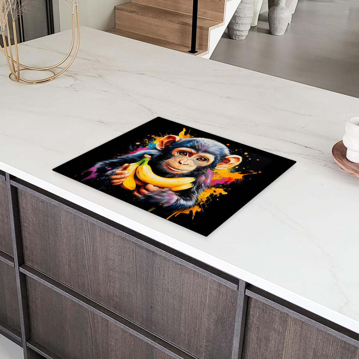 HERDABDECKPLATTE Affe - Graffiti - Farbenfroh - Bananen - Modern Herdabdeckung Induktionsfeld 65x52 cm - Gelb, Kunststoff (65/52/0.2cm) - MuchoWow