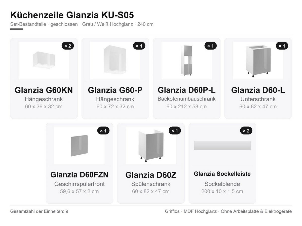 KÜCHENZEILE 240 cm Glanzia – KU-S05 – Grau / Weiß – Hochglanz - Grau, Holzwerkstoff (240/212/58cm) - hi-markt