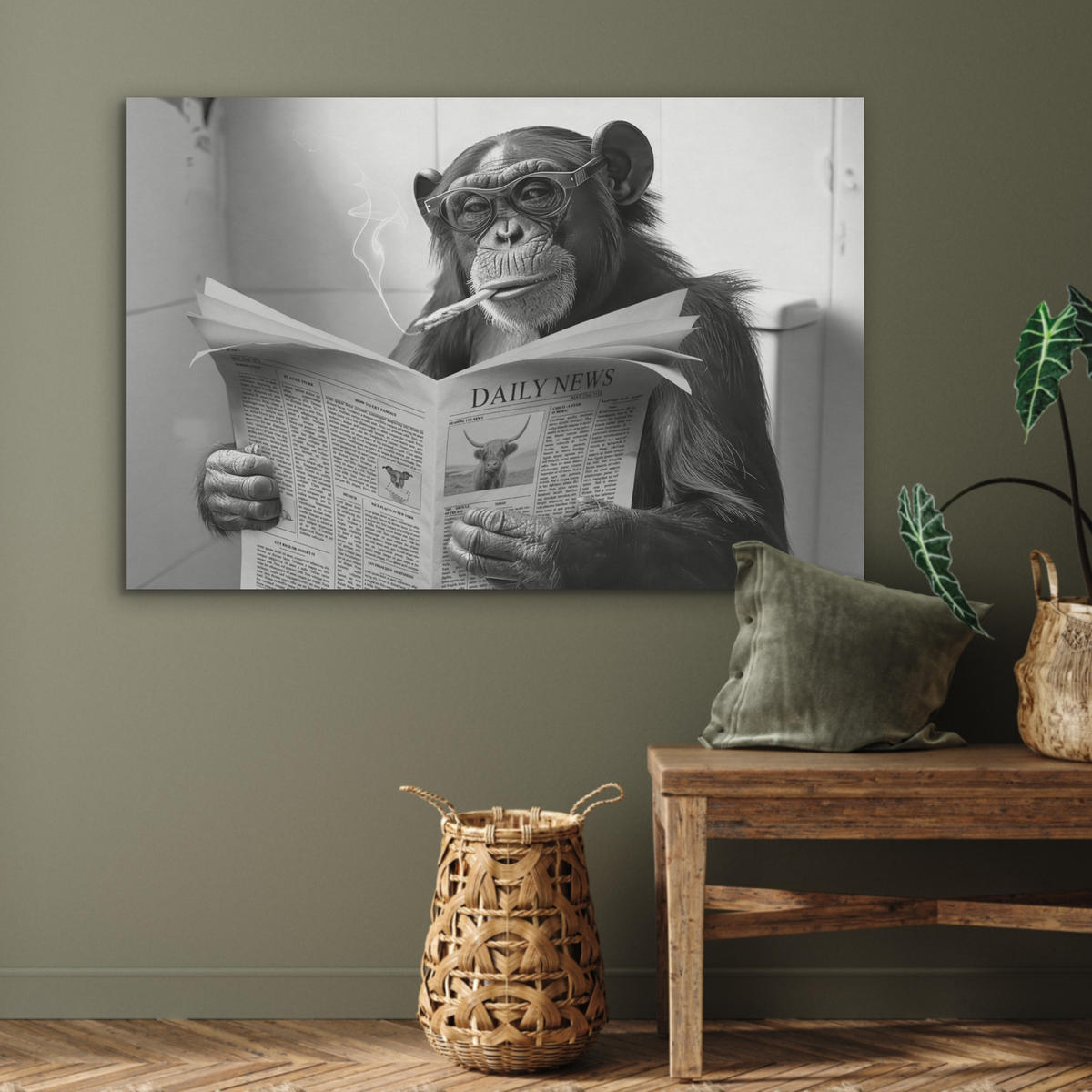 AKUSTIKPANEEL Affe - WC - Zeitung - Schwarz-Weiß - Humor 100x70 cm - Hellgrau, Textil (100/0.9/70cm) - MuchoWow