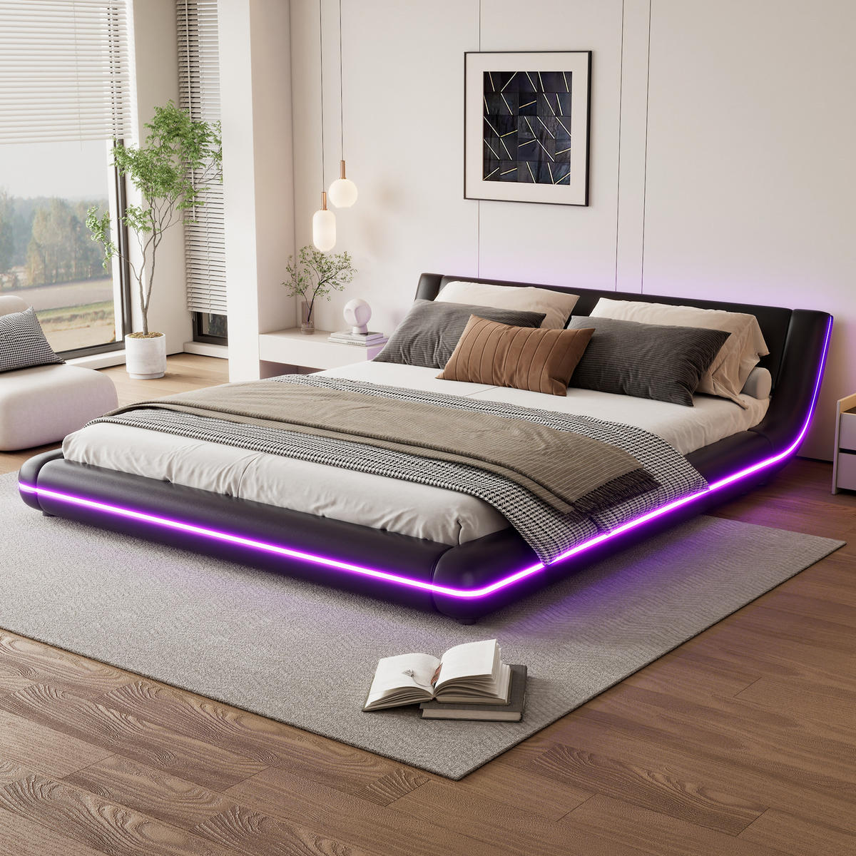 FLACHBETT 160x200cm Schwarz PU LED-Umgebungslicht Bodenbett - Schwarz, Holz (160/200cm) - FLIEKS
