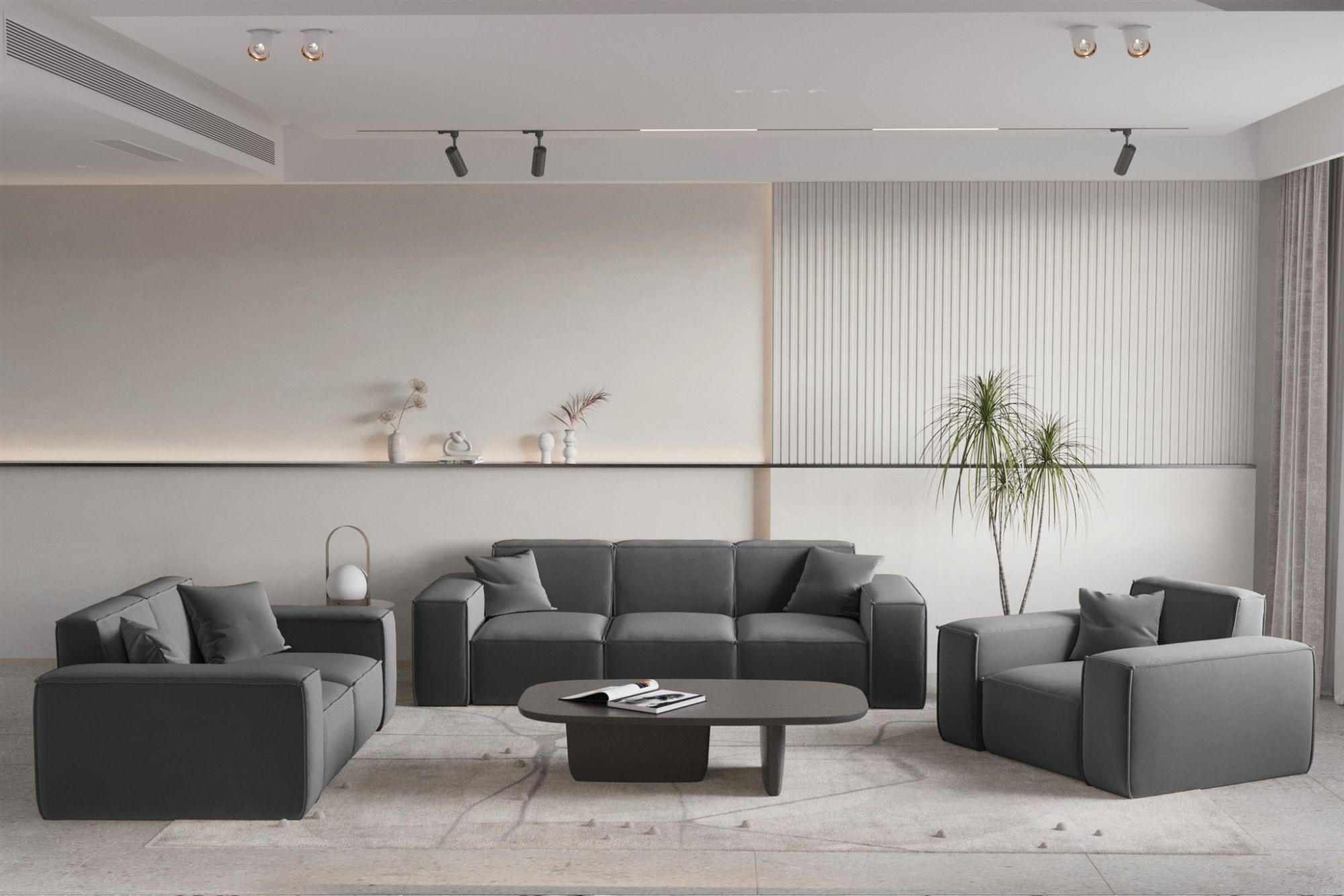 SOFASET Celes Premium 3-2-1 In Opera - Dunkelgrau, Holzwerkstoff/Textil (225/73/88cm) - Fun Möbel