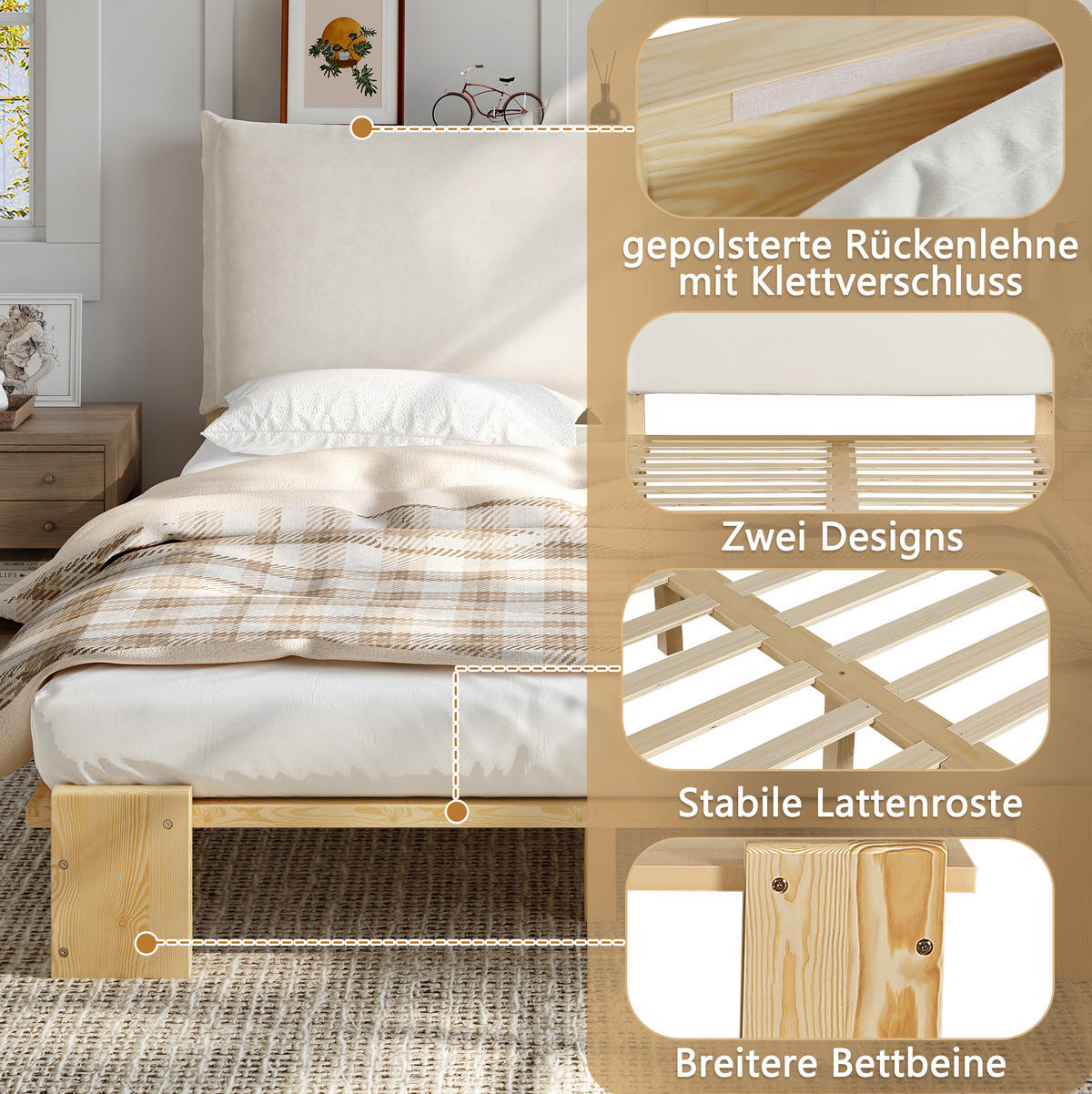 POLSTERBETT 140/200 cm Natur aus Holz und Stoff mit gepolsterter Rückenlehne - Naturfarben, Textil (140/200cm) - OKMYHOME