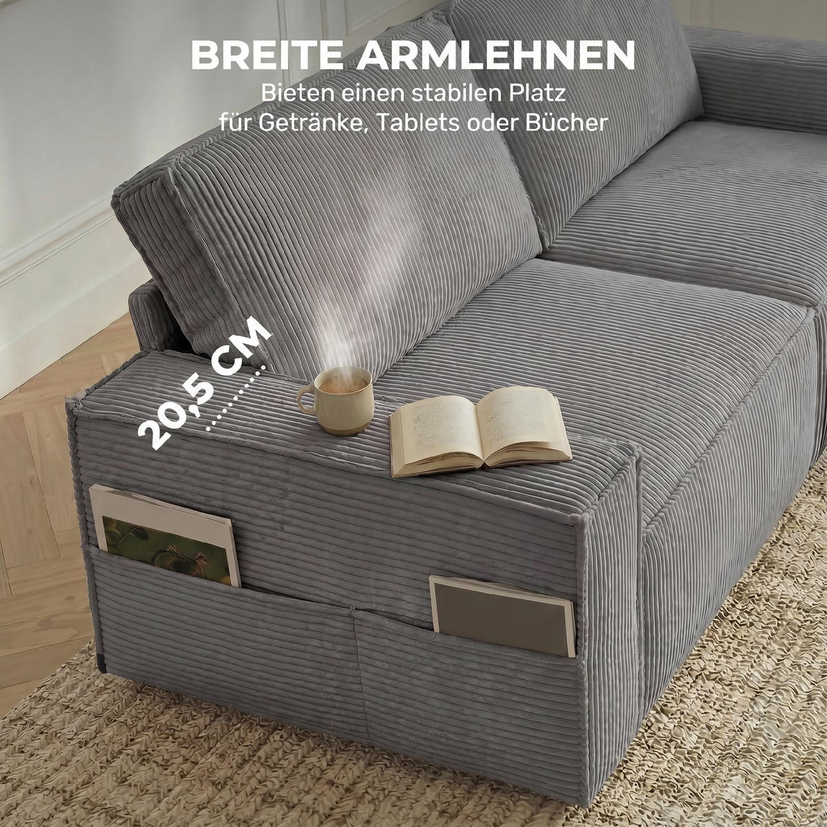 SOFA, 3-Sitzer, Cord, 218cm, hellgrau, 2 Kissen, Taschenfederpolsterung - Multicolor, Holzwerkstoff (218/91/79cm) - FORIOUS