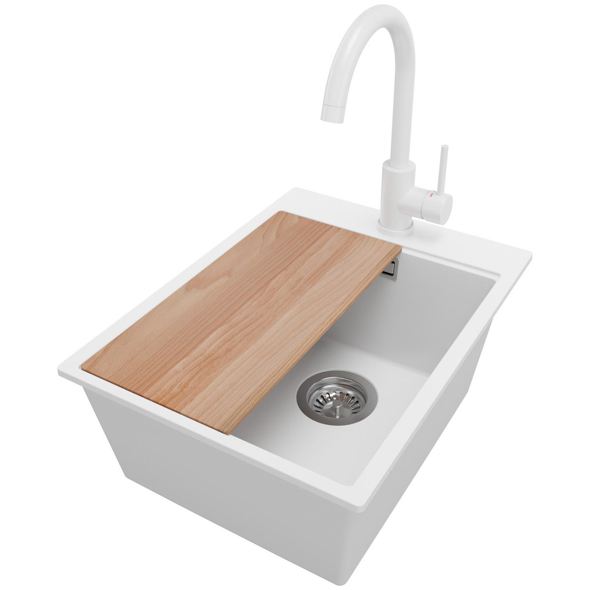 GRANITSPÜLE Oslo, 2-er set Weiß 38/50 cm 1 Becken + Küchenarmatur 32/20 cm + Ablauf-Set + Schneidebrett ab 40er Unterschrank - Chromfarben/Beige, Kunststoff (38/20/50cm) - Primagran