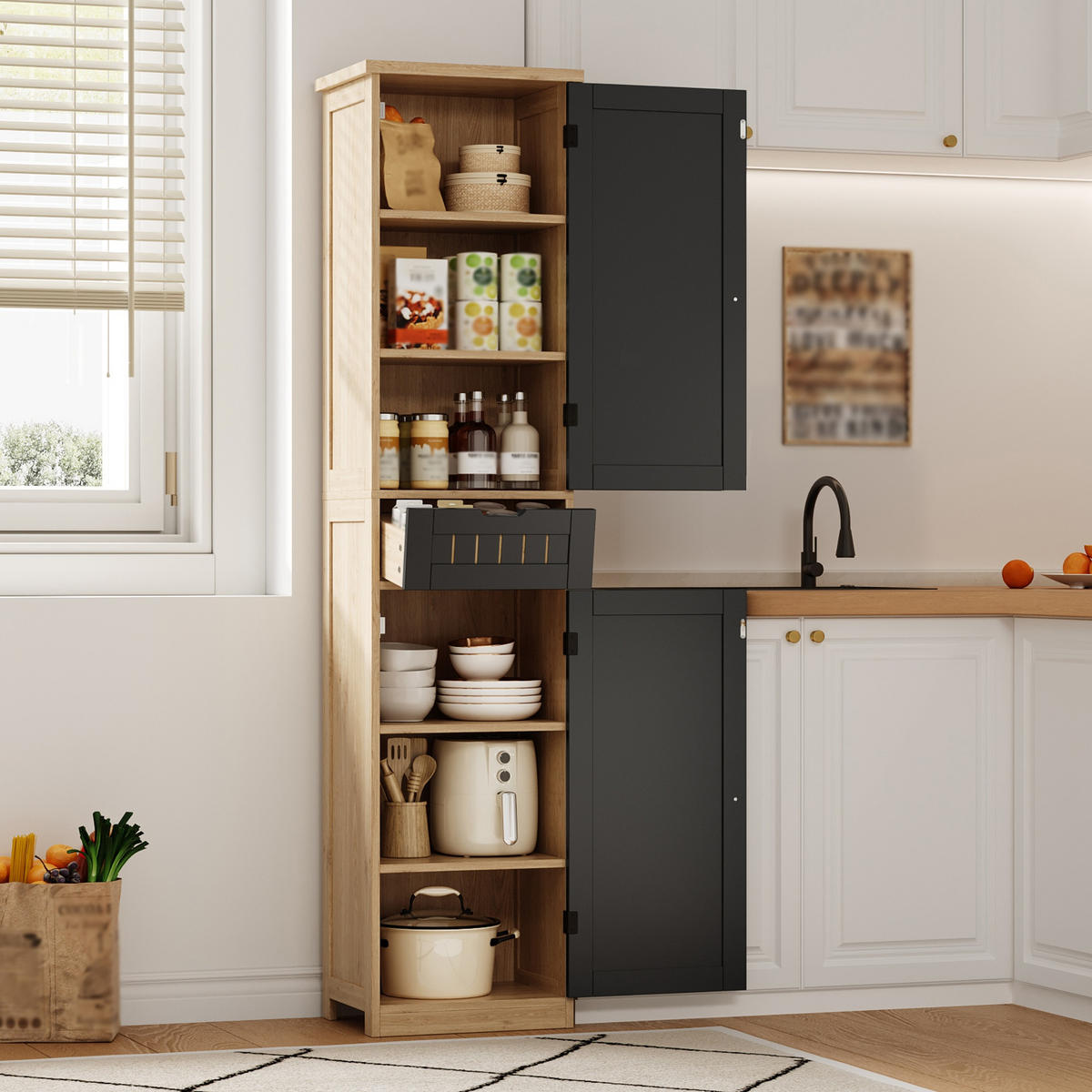 GESCHIRRSCHRANK 170 cm MDF Natur Schwarz mit Türen und verstellbaren Böden - Schwarz, Holzwerkstoff (30/170/40cm) - Korfee