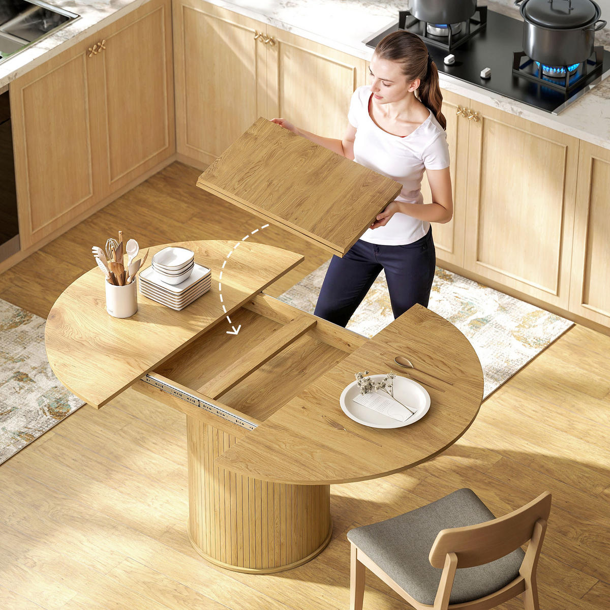 AUSZIEHTISCH Holzoptik Natur Säulenfuß 150/110/75 cm - Naturfarben, Holz (110/150/75cm) - PANGIVO