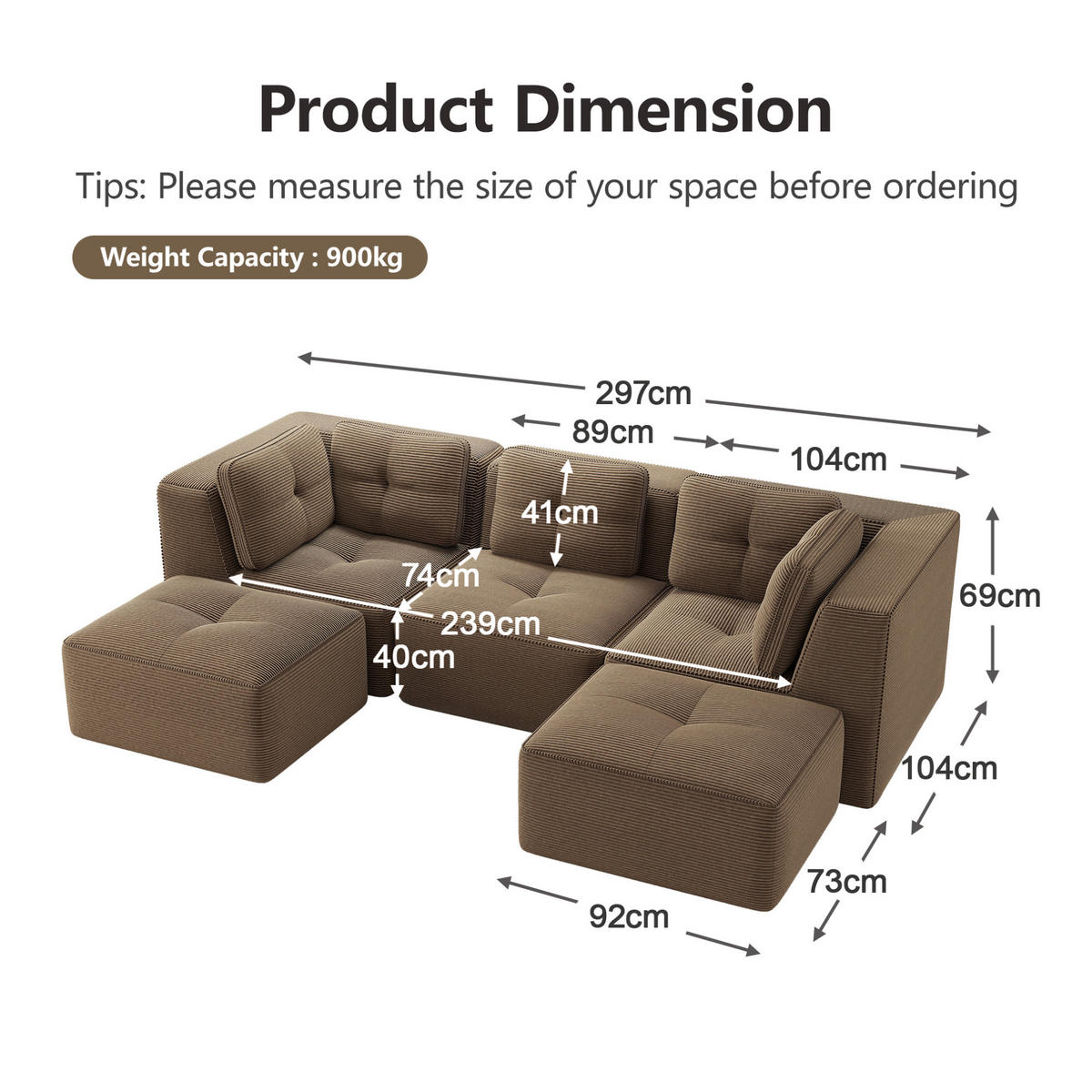 SOFA modular Ecksofa Cord Brown 3er-Set - Braun, Kunststoff (177/69/297.1cm) - Meubliv